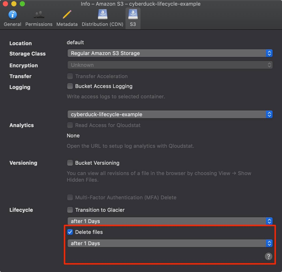 Click on the “S3” tab and then check the box labeled “Delete files.”